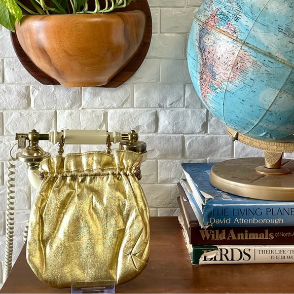 Vintage 1940s 50s Metallic Gold Fabric Slouch Bag Rhinestone Gold Tone Clasps - Picture 9 of 14